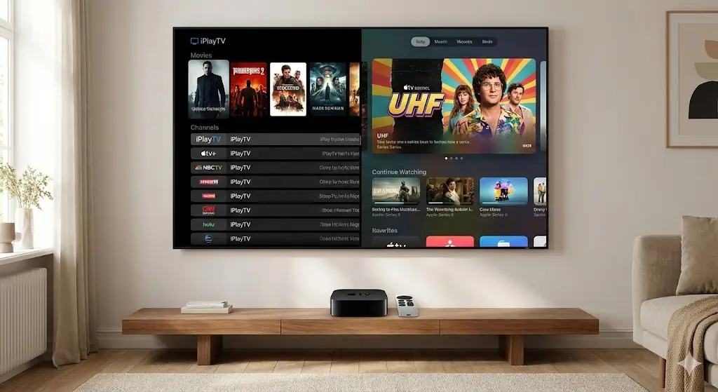 Une Apple TV 4K posée sur un meuble en bois, avec une TV au mur montrant l'interface élégante de iPlayTV à gauche et UHF à droite.
