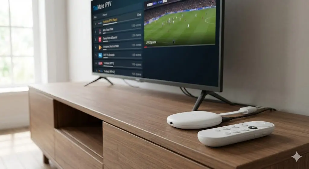 Dongle Chromecast Google TV blanc et sa télécommande posés devant une TV affichant le logo TiviMate.