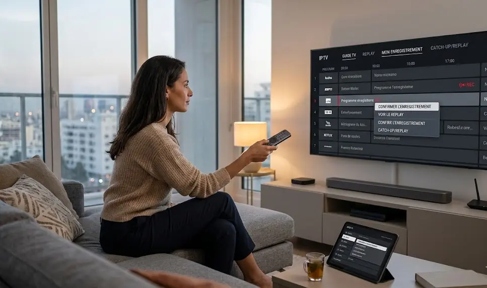 Un gros plan sur l'interface d'un lecteur IPTV moderne affichant une icône 'REC' rouge clignotante et une barre de progression de Catch-up.