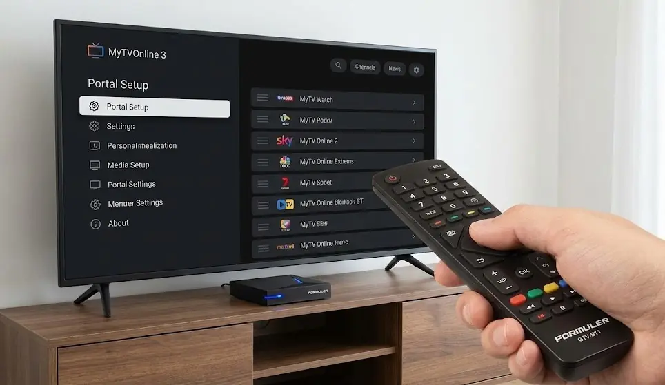 Boîtier Formuler Z11 Pro Max à côté de sa télécommande premium, avec l'interface MyTVOnline 3 affichée sur un écran TV en arrière-plan.