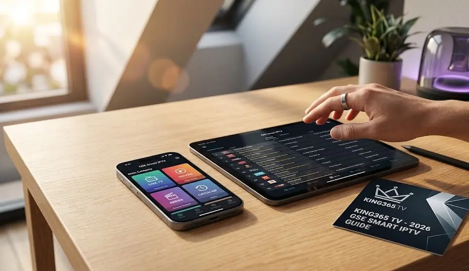 An iPhone and an iPad displaying the GSE Smart IPTV interface, resting on a clean wooden desk.