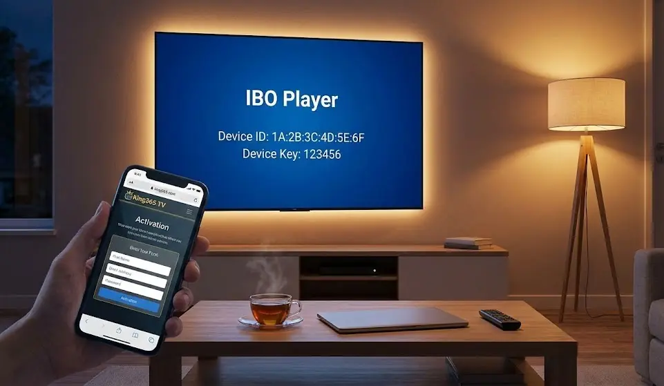 Interface de connexion de l'application IBO Player sur une Smart TV affichant le Device ID et la Device Key.