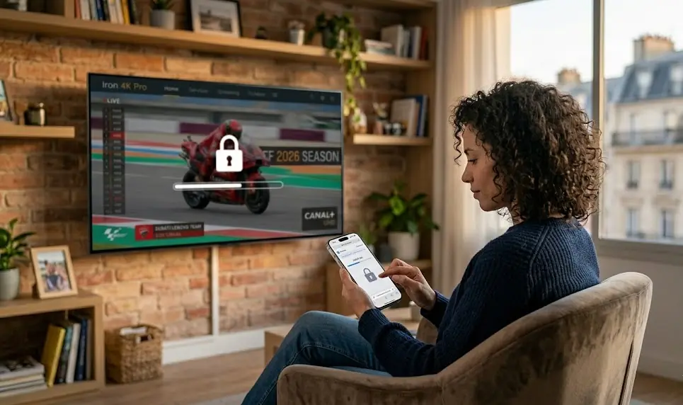 Un iPhone affichant une icône d'application IPTV avec une flèche de téléchargement à côté d'une icône de l'App Store barrée.