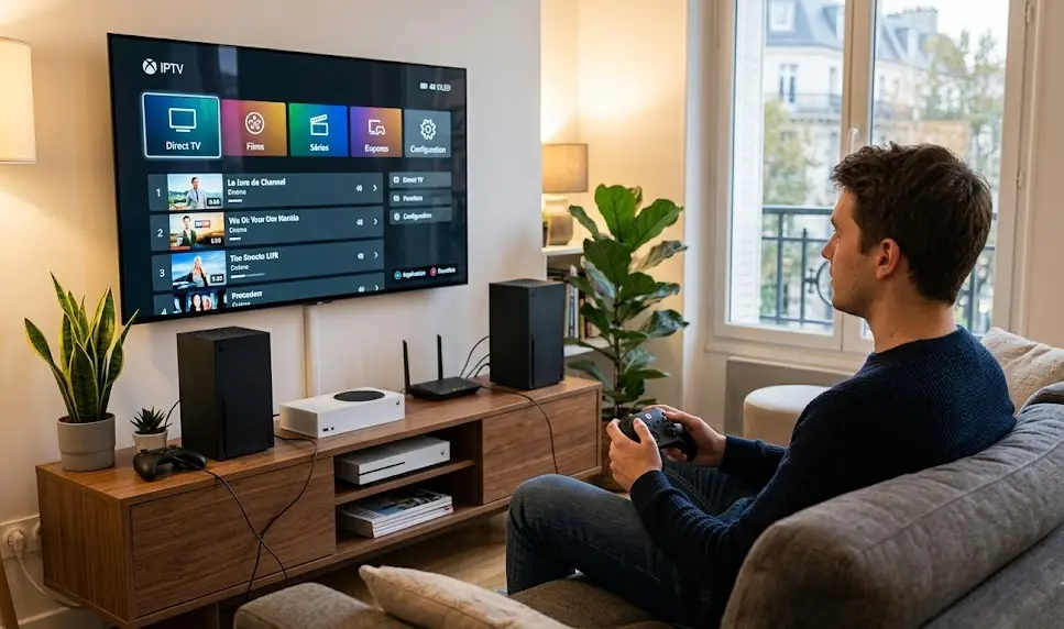 Une Xbox Series X à côté d'une télévision affichant une interface zapping IPTV en 4K avec un logo d'application compatible.