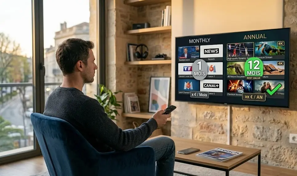 Une comparaison visuelle entre un paiement mensuel plus cher à long terme et un abonnement annuel économique pour un service IPTV.