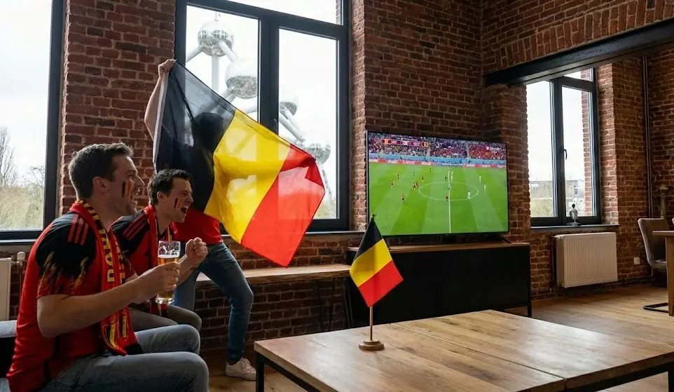 Salon moderne à Bruxelles avec vue sur l'Atomium et match de foot sur TV