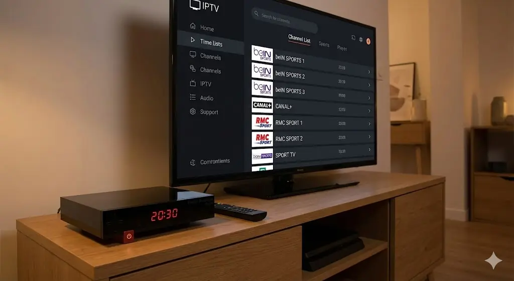 Box Freebox Révolution noire avec télécommande sur un meuble TV affichant un menu IPTV moderne
