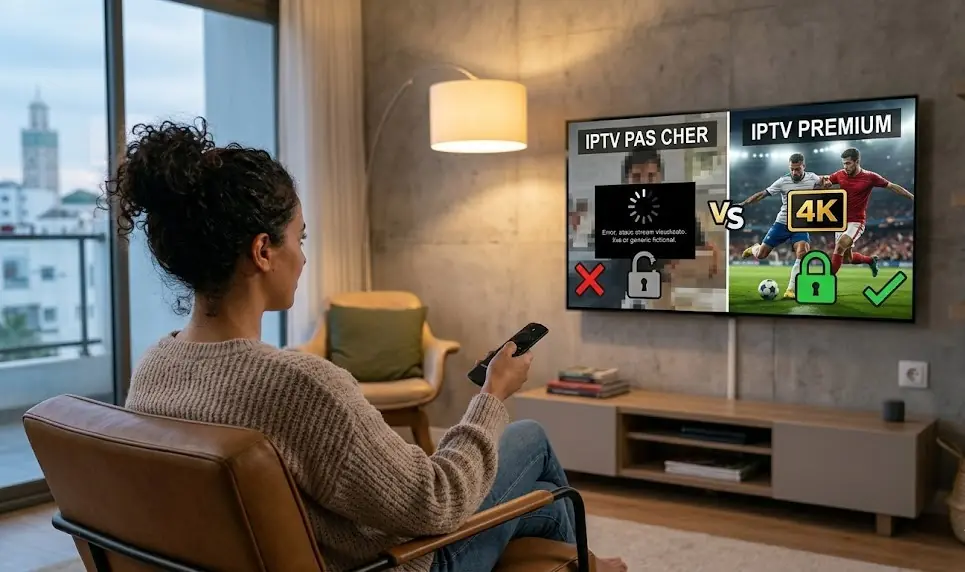 Une image conceptuelle montrant une balance : d'un côté un flux TV pixelisé avec un logo Euro bas, de l'autre un flux 4K cristallin.