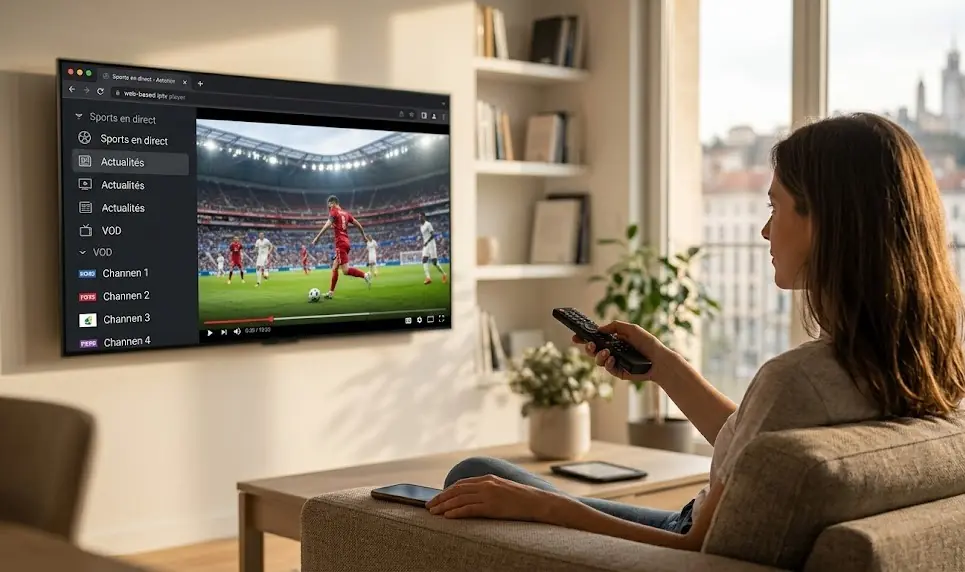 Un gros plan sur l'interface du navigateur Web d'une Smart TV affichant un lecteur vidéo IPTV en plein écran.