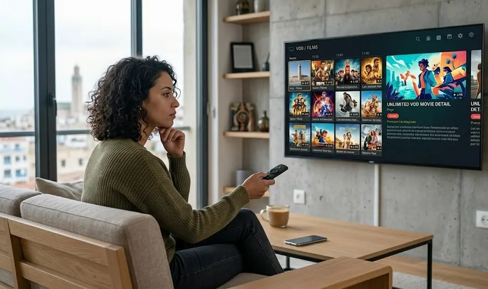 Une interface de Video on Demand riche affichant des affiches de films récents et des séries populaires, prête à être lue sur une télévision.