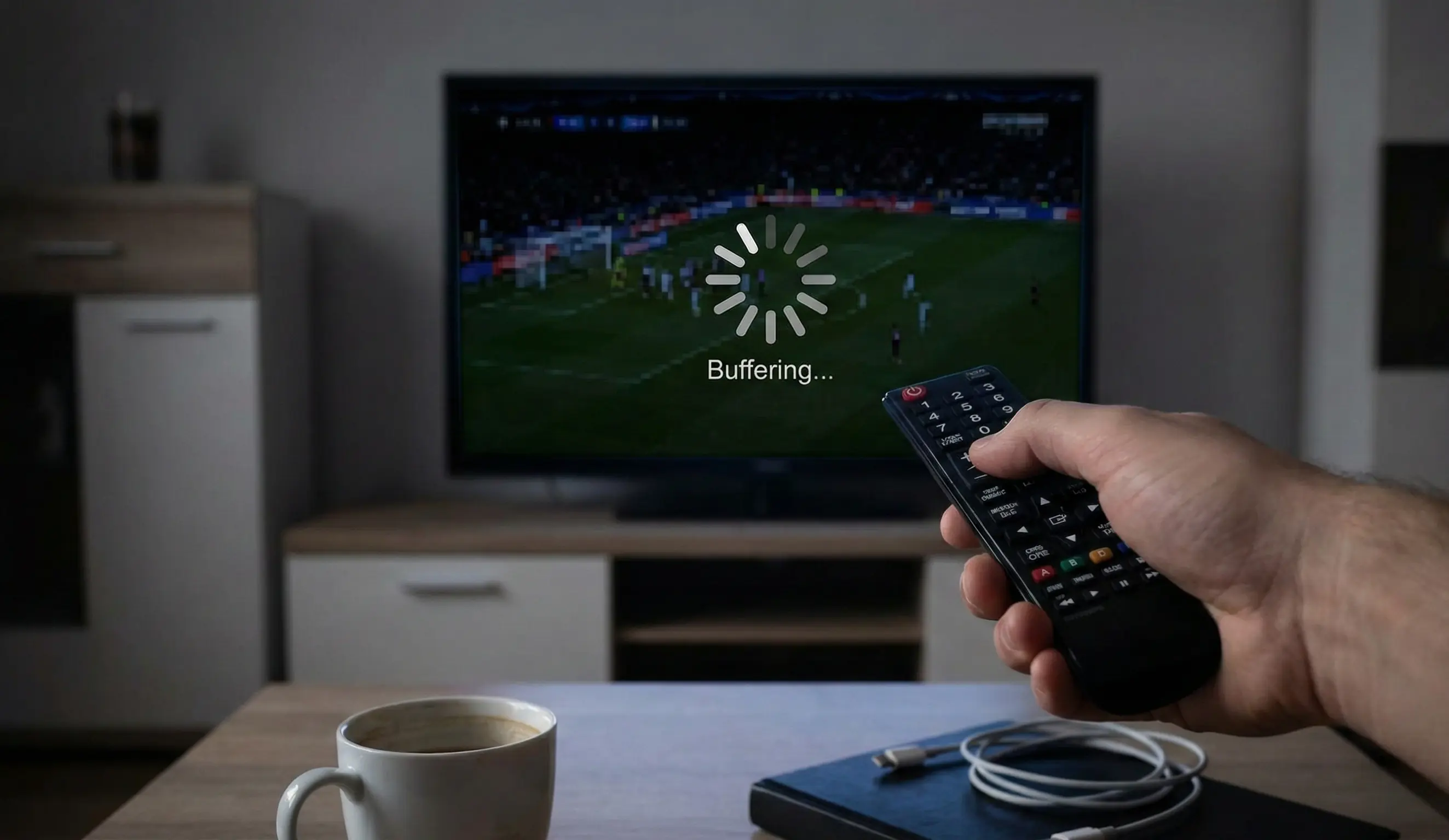 Homme frustré devant une télé écran noir avec télécommande à la main