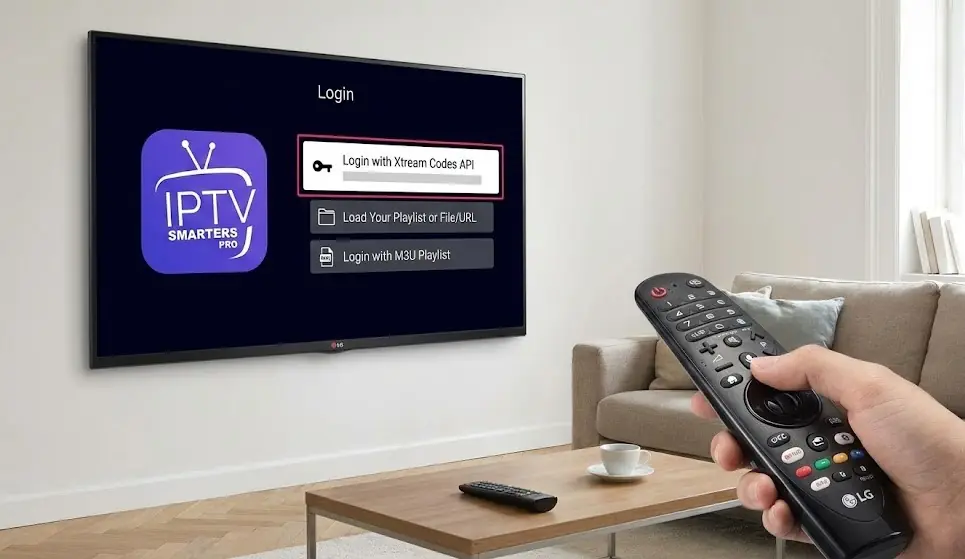 Téléviseur LG OLED affichant l'écran d'accueil de l'application IPTV Smarters Pro sur fond coloré WebOS