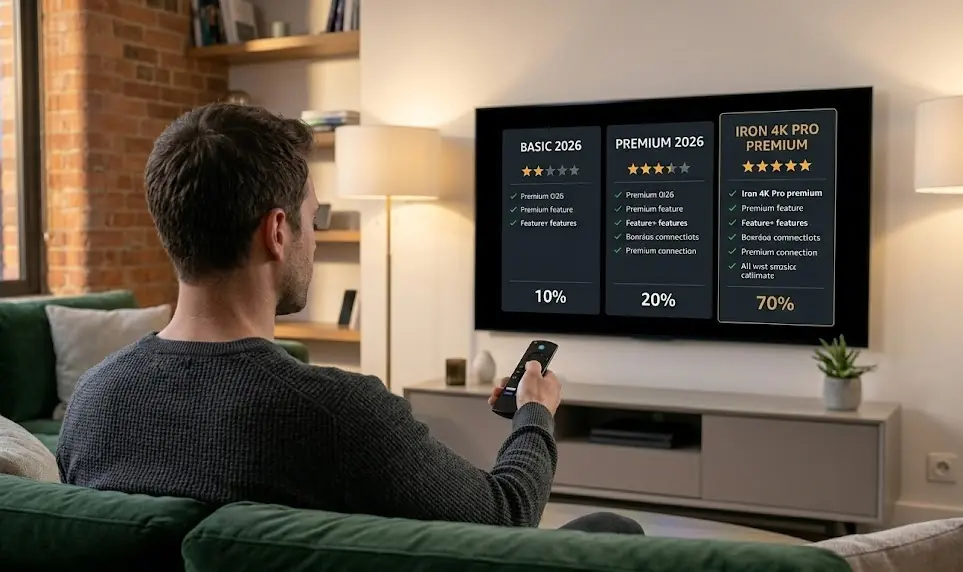 Une personne naviguant sur une interface IPTV moderne sur une Smart TV, avec des icônes de qualité 4K et de sécurité.