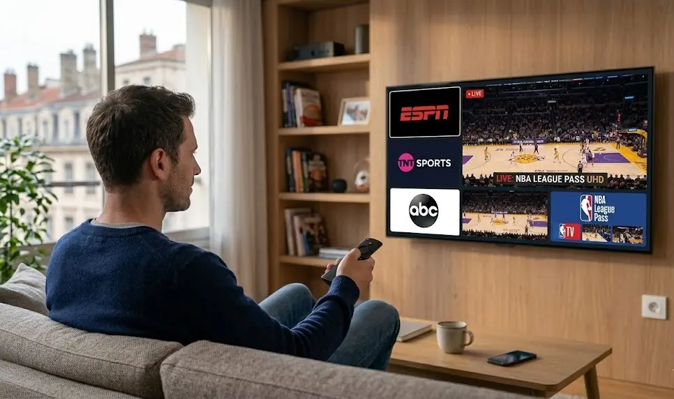 Une télévision OLED moderne dans un salon tamisé affiche un match NBA en direct. Une main tient une télécommande pointée vers l'écran où l'on distingue les logos des chaînes US majeurs (ESPN, TNT, NBA TV).