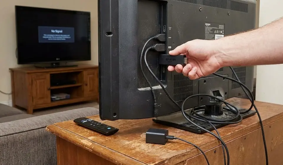 Main branchant un Amazon Fire TV Stick à l'arrière d'une télévision LCD plus ancienne, transformant l'écran en interface moderne.