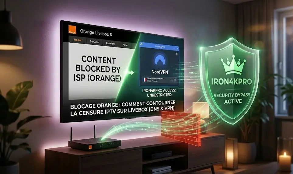 An Orange Livebox router sitting next to a Smart TV showing a VPN connection screen, with a glowing green shield symbolizing security.