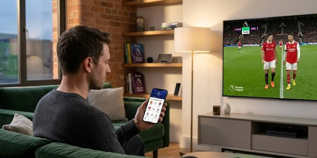 Un stade de football anglais plein à craquer, diffusé sur une télévision 4K de salon, avec les logos des grandes équipes de Premier League subtilement intégrés.