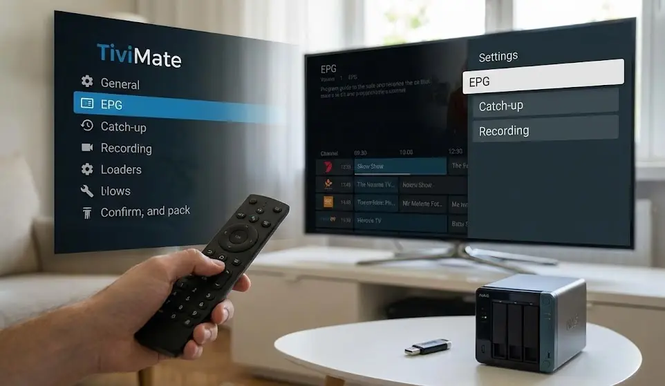 Gros plan sur l'interface des paramètres avancés de TiviMate affichant les options EPG et Catch-up sur un écran TV.