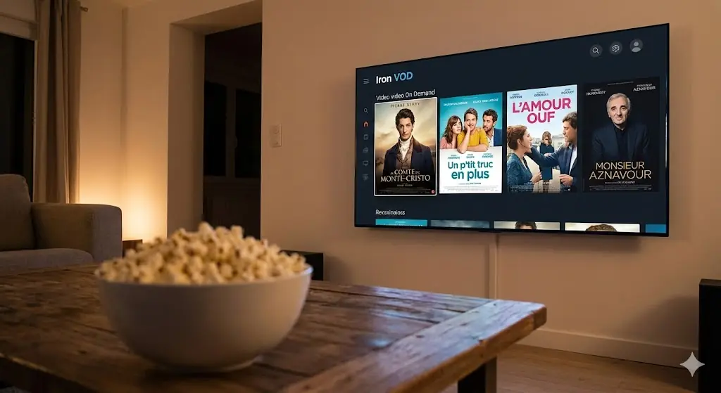 Interface VOD moderne sur une TV affichant des affiches de films français récents