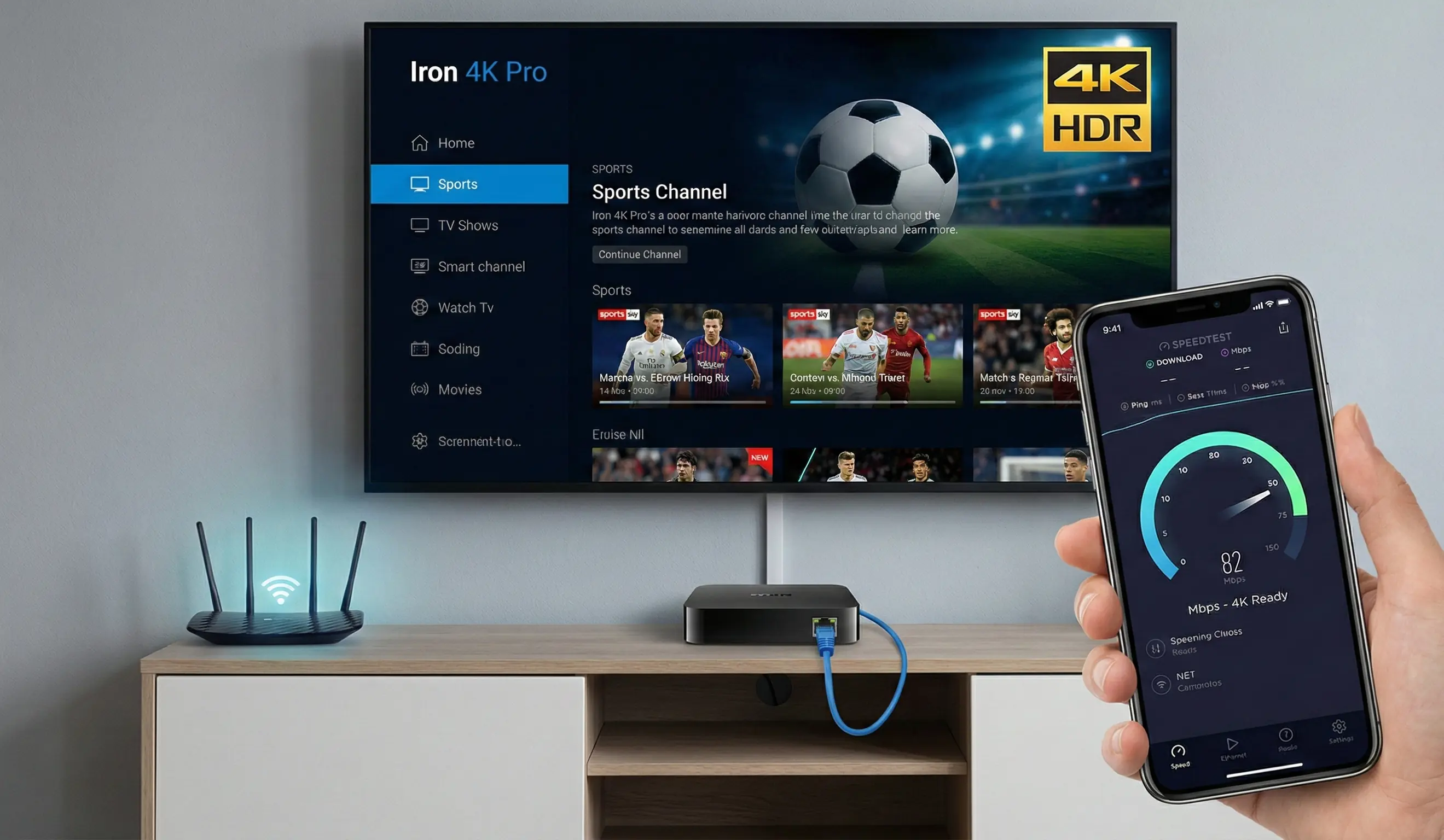 Test de vitesse internet sur smartphone avec routeur fibre optique flou en arrière-plan