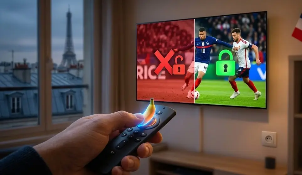 Un cadenas de sécurité numérique brillant sur un écran de télévision affichant un match de football, symbolisant la protection VPN pour le streaming.