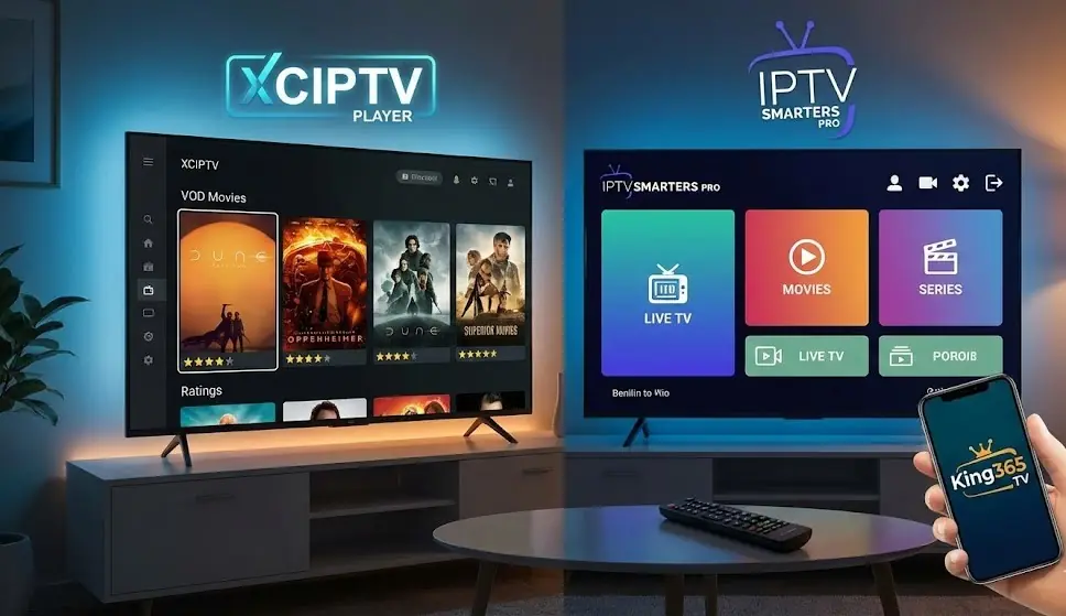 Écran partagé montrant l'interface sombre et bleue de XCIPTV à gauche, et l'interface classique multi-écrans de IPTV Smarters Pro à droite.