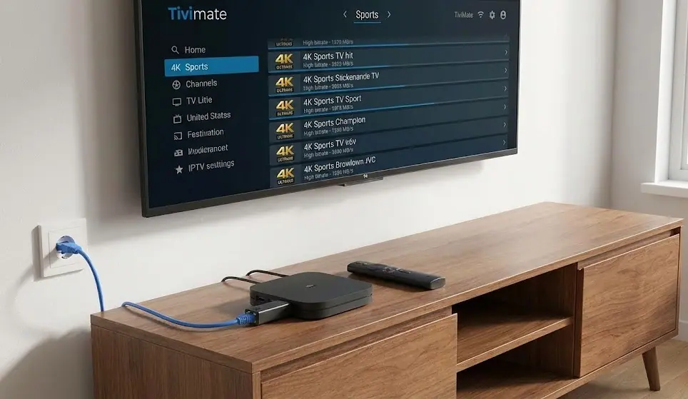 Boîtier Xiaomi Mi Box S 4K connecté à une TV affichant une interface IPTV fluide, avec un adaptateur Ethernet USB à côté.